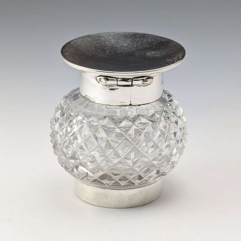 1905년 영국 앤틱 순은 뚜껑 & 컷 글라스 잉크병 Colen Hewer Cheshire