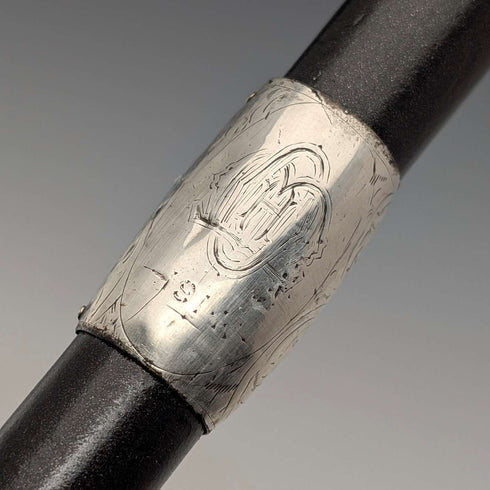 1913 British antique gentleman's curved handle pure silver decorated walking stick 92cm J Howell&Co Ltd