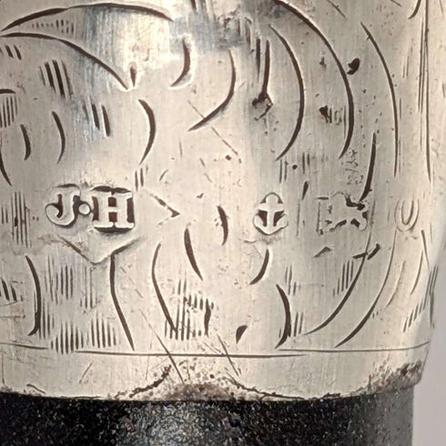 1913 British antique gentleman's curved handle pure silver decorated walking stick 92cm J Howell&Co Ltd