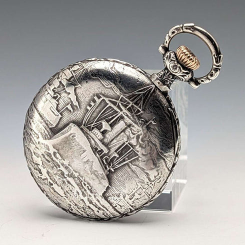 Circa 1902 Antique Longines Pocket Watch with Warrior & Ship Engravings, Silver Side Hunter Case, Good Working Condition