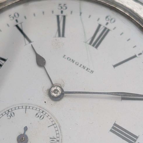 Circa 1902 Antique Longines Pocket Watch with Warrior & Ship Engravings, Silver Side Hunter Case, Good Working Condition