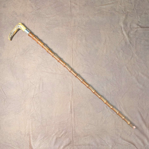 1901年 英国古董 竹制杆 L型鹿角手柄 纯银装饰 手杖 81cm