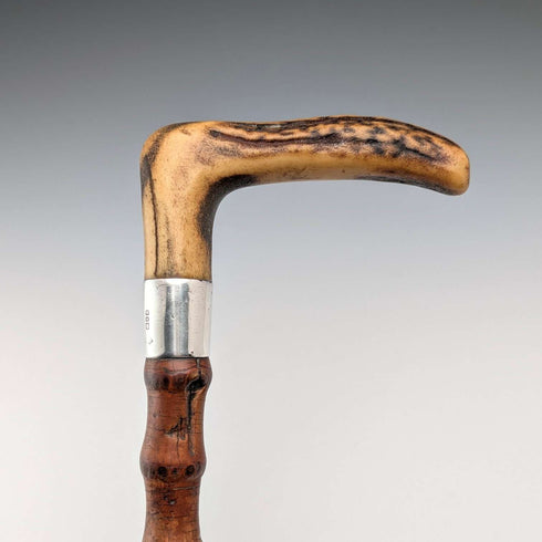 1901年 英国古董 竹制杆 L型鹿角手柄 纯银装饰 手杖 81cm