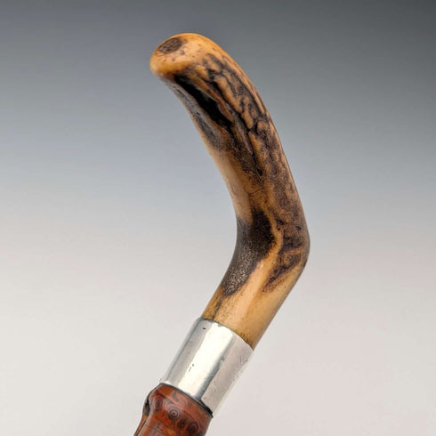 1901年 英国古董 竹制杆 L型鹿角手柄 纯银装饰 手杖 81cm