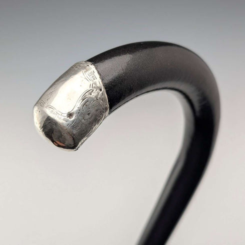 1923 British antique gentleman's curved handle pure silver decorated walking stick, 94cm, Kendall & Sons