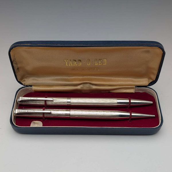 Circa 1970 British Vintage Yard O' Red Sterling Silver Push-Pull Pencil & Ballpoint Pen in Case