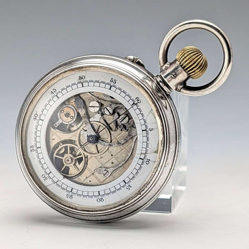 Reloj de bolsillo suizo antiguo con cronógrafo de doble cara, sin marca, caja de plata 800, en buen estado de funcionamiento
