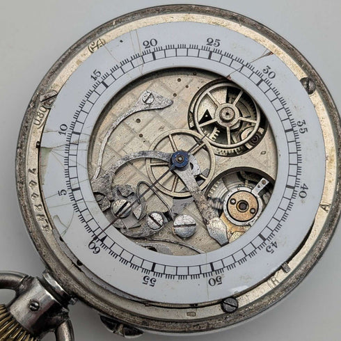 Reloj de bolsillo suizo antiguo con cronógrafo de doble cara, sin marca, caja de plata 800, en buen estado de funcionamiento