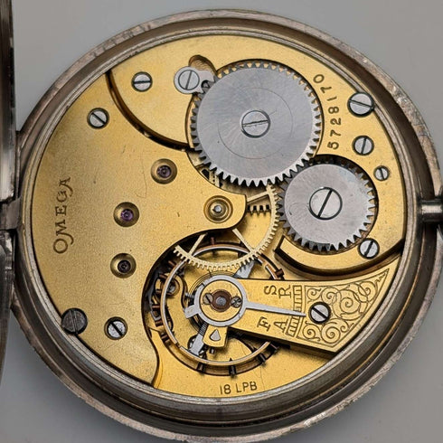 Circa 1915 Antique Omega Pocket Watch, Silver Thin Open Face, Good Working Condition
