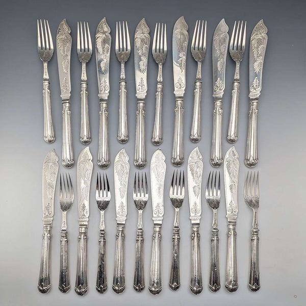 Juego de cubiertos para pescado de plata de ley inglesa de 1869, 12 pares, 1161 g en total, Mappin Brothers
