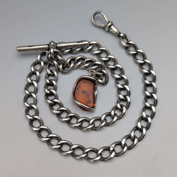 Cadena Albert de plata esterlina antigua británica, hacia 1900, 40 g, con dije de plata esterlina y ámbar