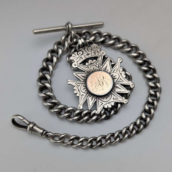 Cadena Albert de plata esterlina antigua británica, c. 1900, 56 g, con dije de medalla de plata esterlina