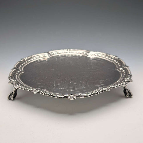 1893年 英国アンティーク 純銀製サルヴァ カードトレイ直径23cm 413g Charles Boyton