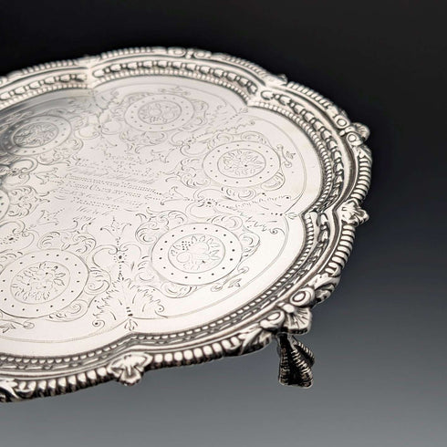 1893年 英国アンティーク 純銀製サルヴァ カードトレイ直径23cm 413g Charles Boyton