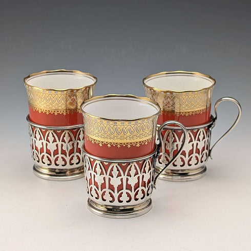 1929年 英国ヴィンテージ 純銀ホルダ ポーセリンカップ 3個セット Walker&Hall、AYNSLEY