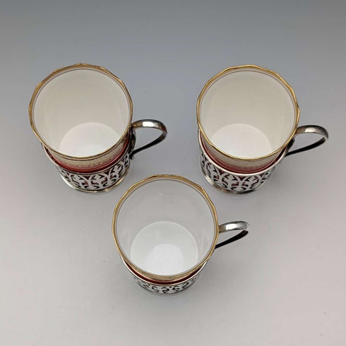 1929年 英国ヴィンテージ 純銀ホルダ ポーセリンカップ 3個セット Walker&Hall、AYNSLEY