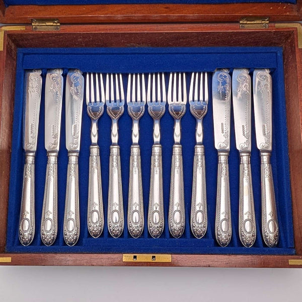 1876 British antique silver plate cutlery, 6 pairs, wooden box, Harrison Brothers & Howson