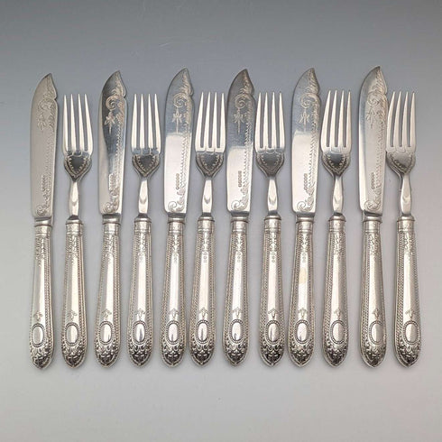 Juego de 6 pares de cubiertos de plata chapada, antigüedades británicas de 1876, en estuche de madera, Harrison Brothers & Howson