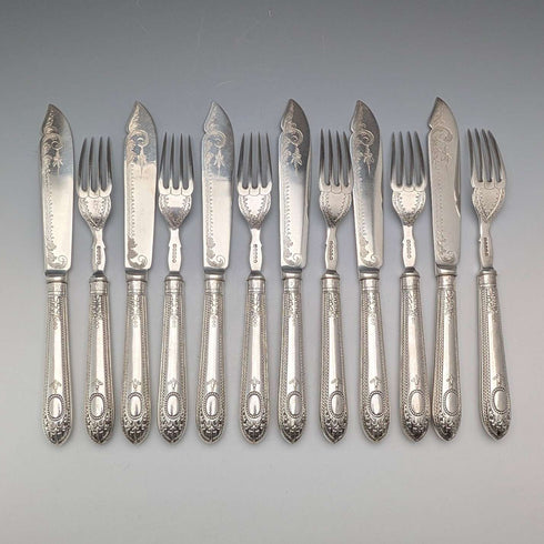 Juego de 6 pares de cubiertos de plata chapada, antigüedades británicas de 1876, en estuche de madera, Harrison Brothers & Howson