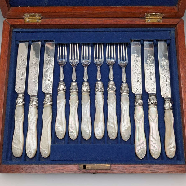 Cubertería de postre de plata esterlina victoriana de 1865, 6 pares con mangos de nácar y estuche de madera, por Martin & Hall