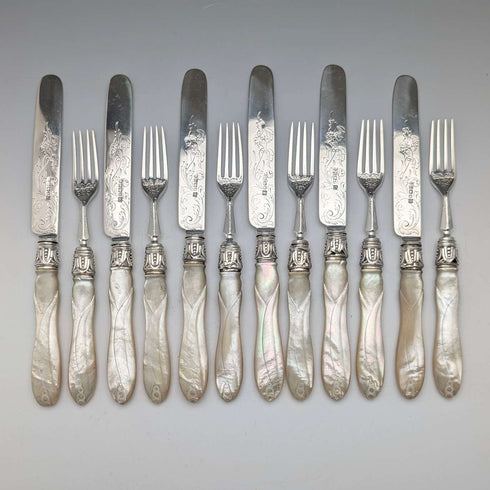 1865 British antique sterling silver blade and white mother of pearl handle dessert cutlery 6 pairs in wooden box Martin & Hall