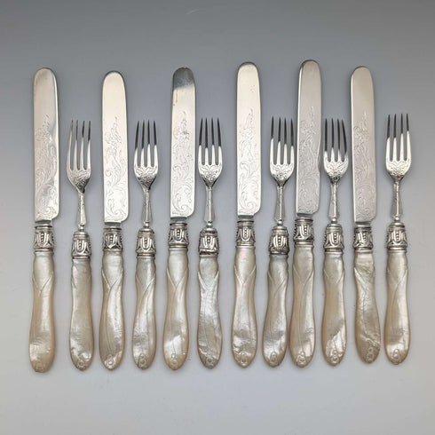 1865 British antique sterling silver blade and white mother of pearl handle dessert cutlery 6 pairs in wooden box Martin & Hall