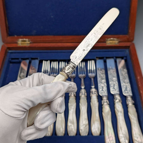 1865 British antique sterling silver blade and white mother of pearl handle dessert cutlery 6 pairs in wooden box Martin & Hall