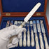 1865 British antique sterling silver blade and white mother of pearl handle dessert cutlery 6 pairs in wooden box Martin & Hall