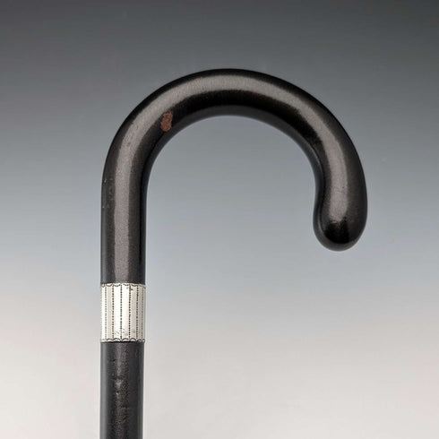 1927年 英国ヴィンテージ 黒軸 曲がりハンドル 純銀装飾 ステッキ 杖 88cm J Howell&Co