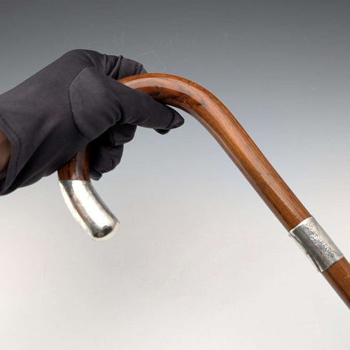 1921年 英国アンティーク 茶軸 曲がりハンドル 純銀装飾 ステッキ 杖 92cm J Howell&Co