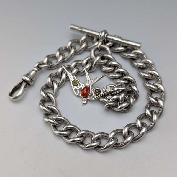 Cadena Albert de plata esterlina, antigüedad británica de alrededor de 1900, 49 g, con dije de golondrina de plata esterlina
