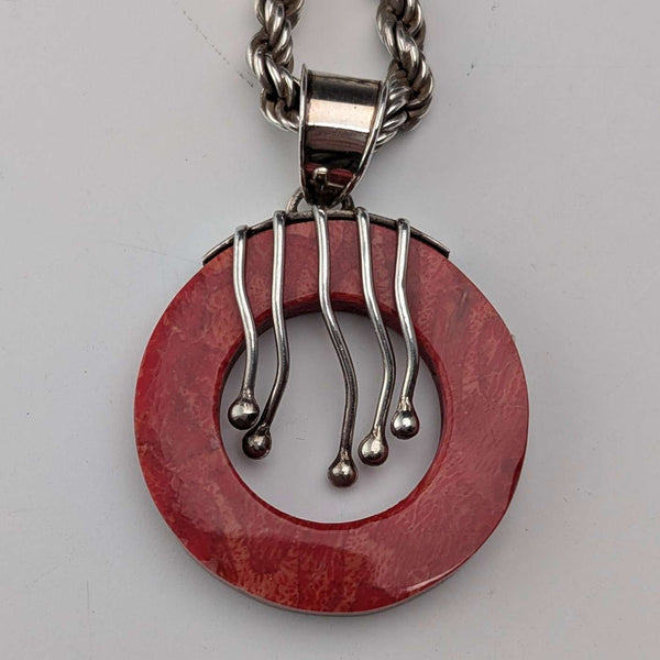 Colgante vintage de coral rojo y plata pura con collar de plata pura
