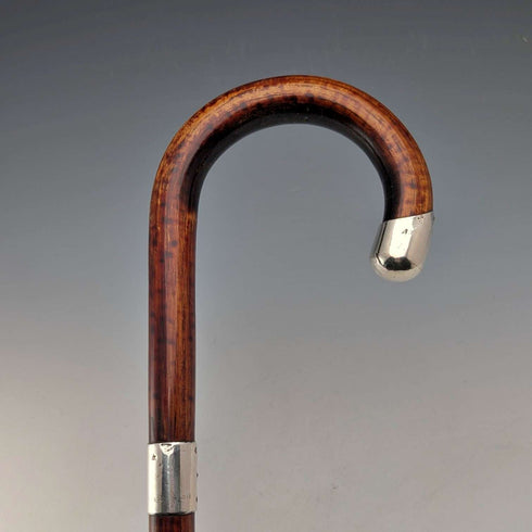 1925年 英国古董 茶色杆 弯柄 纯银装饰 轻便手杖 拐杖 86cm C&S