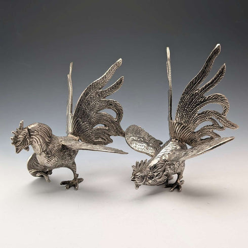 Pair of vintage pewter fighting cock figurines