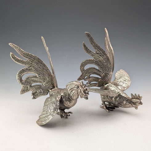 Pair of vintage pewter fighting cock figurines