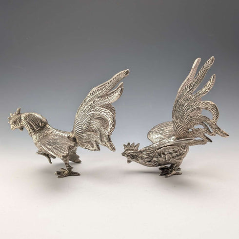 Pair of vintage pewter fighting cock figurines