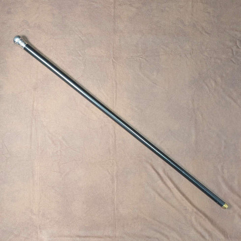 1883年 英国アンティーク ブラックシャフト 彫刻純銀製 丸ハンドル ステッキ 杖 89cm