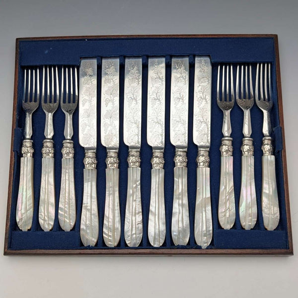 Circa 1875 British antique white mother-of-pearl handle dessert cutlery, 6 pairs, with tray