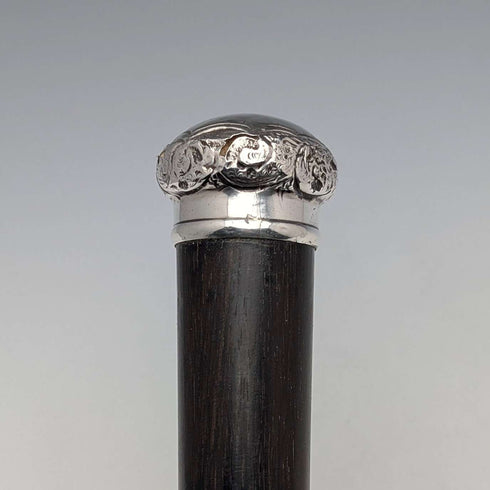 1893年 英国アンティーク ブラックシャフト 純銀製 彫刻丸ハンドル ステッキ 杖 86cm