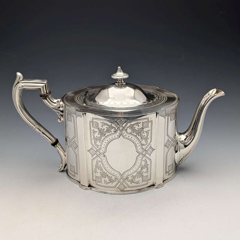 Juego de té de 4 piezas de plata chapada, antigüedad británica de finales del siglo XIX, por James Dixon & Son