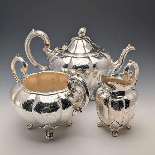 Circa 1850 British antique silver plate tea set, 3 piece set, Padley Parkin