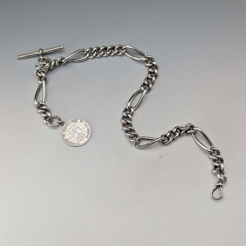 Circa 1900 British Antique Fancy Link Sterling Silver Albert Chain 64g Coin Infob
