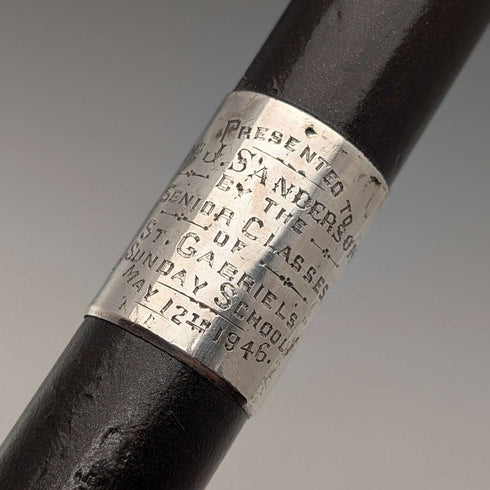 1943년 영국 빈티지 블랙 샤프트 커브 핸들 순은 장식 지팡이 93cm