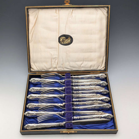 1928년 영국 빈티지 순은 핸들 커틀러리 6쌍 (케이스 포함), Yates Brothers