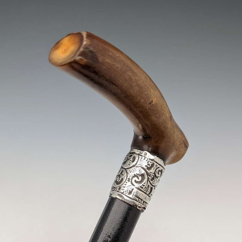 1897 British antique black shaft L-shaped horn handle pure silver decorated walking stick 84cm