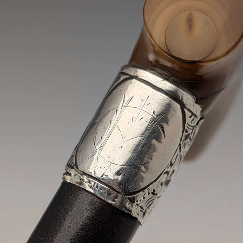 1897 British antique black shaft L-shaped horn handle pure silver decorated walking stick 84cm