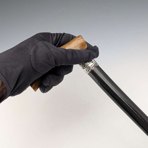 1897 British antique black shaft L-shaped horn handle pure silver decorated walking stick 84cm