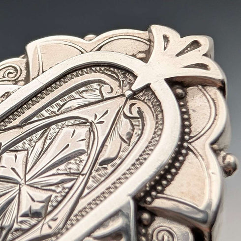 1880 British antique sterling silver finely engraved oval brooch by Alfred George Griffiths