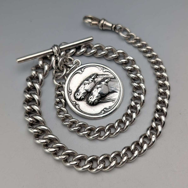 Circa 1900 British antique sterling silver Albert chain 51g horse medal fob