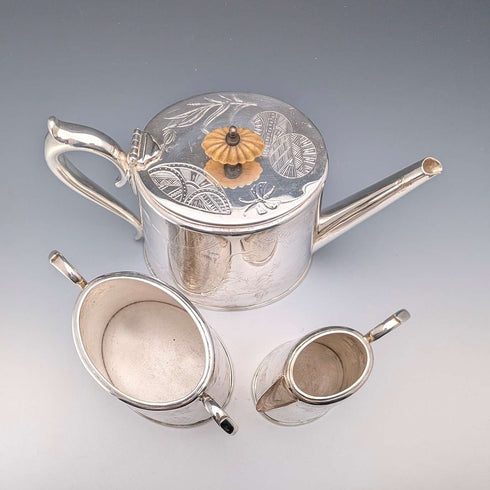 Juego de té de 3 piezas de plata chapada, antigüedades británicas, GRAINGER & CAMPBELL